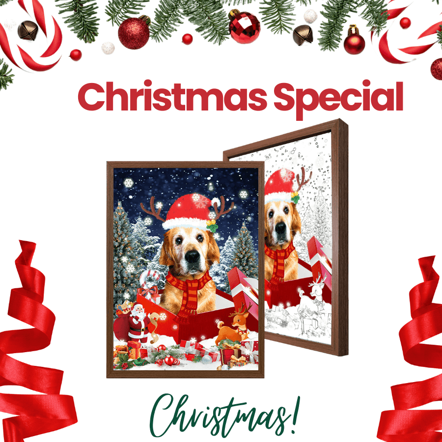 Christmas special custom dog memorial light frame featuring a festive design with a dog in a Santa hat, surrounded by holiday decorations and gift elements. A perfect personalized Christmas gift for pet lovers