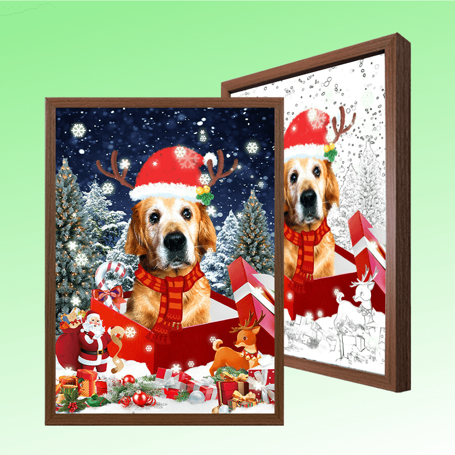 Custom Christmas dog memorial light frame featuring a festive design with a dog wearing a Santa hat and reindeer antlers, surrounded by holiday decorations, snowflakes, and a winter background. Perfect for personalized pet remembrance and holiday gifts