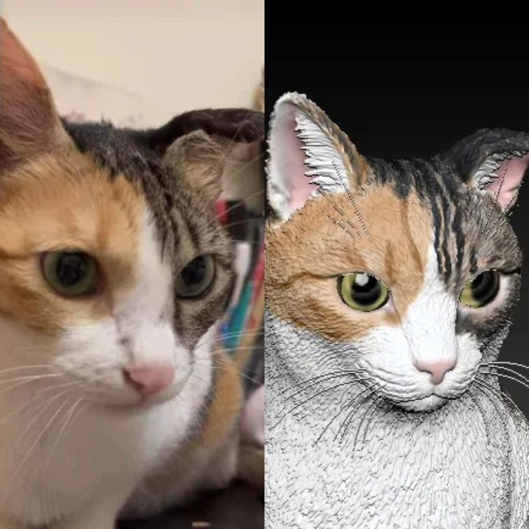 Comparison of custom 3D printed Calico Cat pet statue and its 3D model