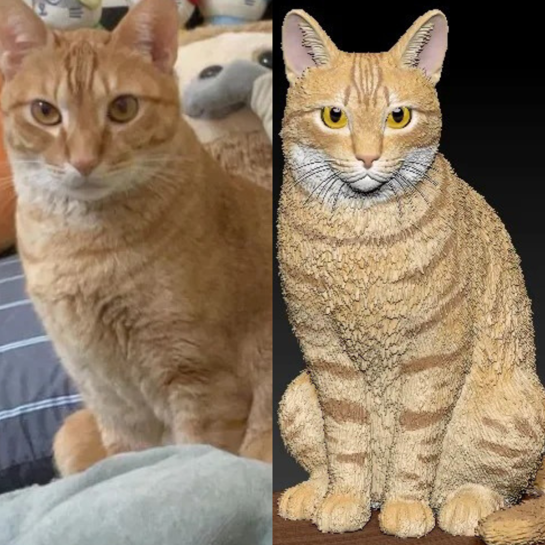 Comparison of custom 3D printed orange cat pet statue and its 3D model