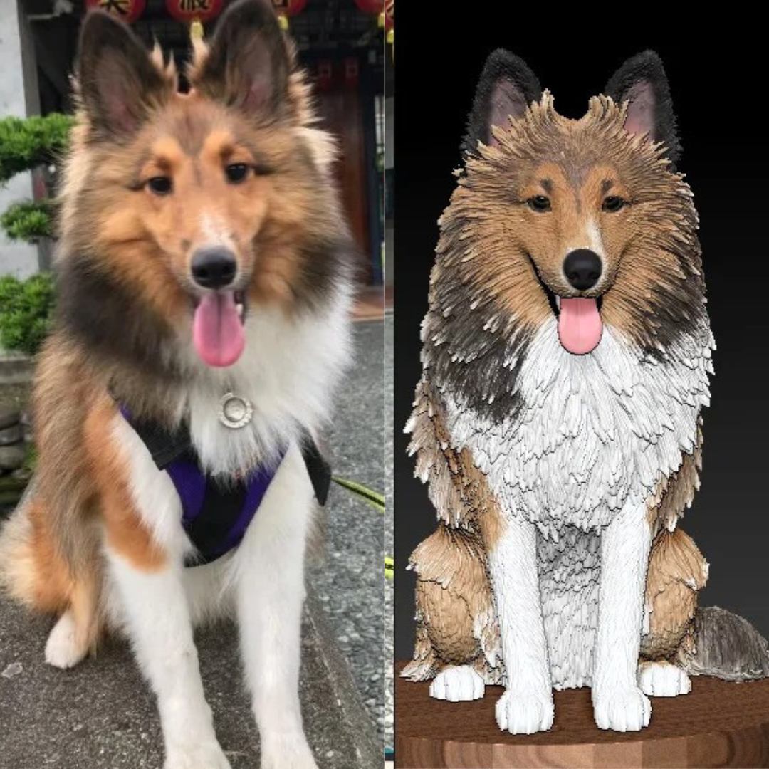 Comparison of custom 3D printed shepherd dog pet statue and its 3D model