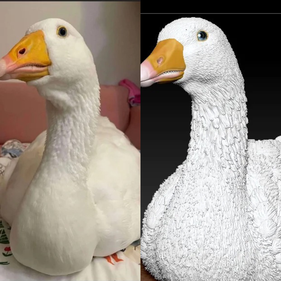 Comparison of custom 3D printed white pet Kodak duck statue and its 3D model