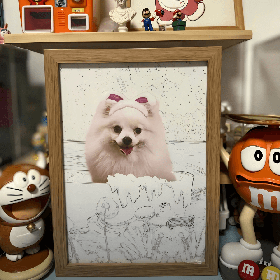 Custom dog photo light frame featuring a Pomeranian with a bow on its head, set in a partially colored scenic background. Perfect for pet owners seeking personalized memorial keepsakes or unique home decor.