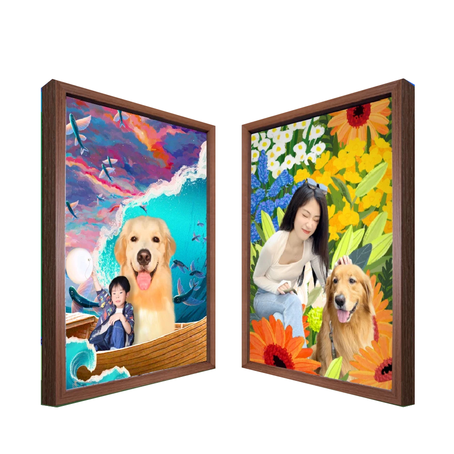 Custom family pet portrait featuring a boy with a dog and a girl with a cat, with controllable lighting and personalized voice dialogue. Perfect for personalized pet gifts, family picture frames, custom pet portraits, dog and cat art, and special occasion gifts like birthdays and anniversaries