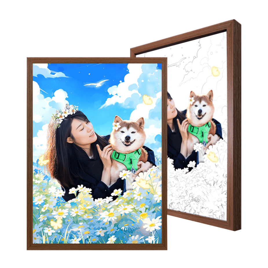 Custom family and pet portrait with controllable lighting and personalized voice dialogue. Perfect for personalized pet gifts, family picture frames, dog and cat artwork, and memorial gifts for pets. Ideal for special occasions like birthdays and anniversaries