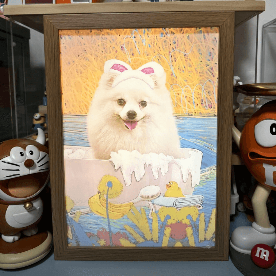 Custom Pomeranian photo light frame featuring a fully colored background with a cheerful dog wearing a bow, surrounded by playful elements like a duck and bathtub. A unique and personalized pet memorial keepsake for dog lovers