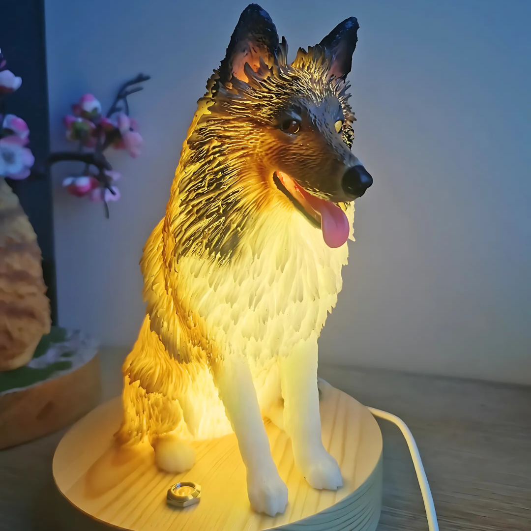 Front view of custom glowing shepherd dog pet 3D printed statue