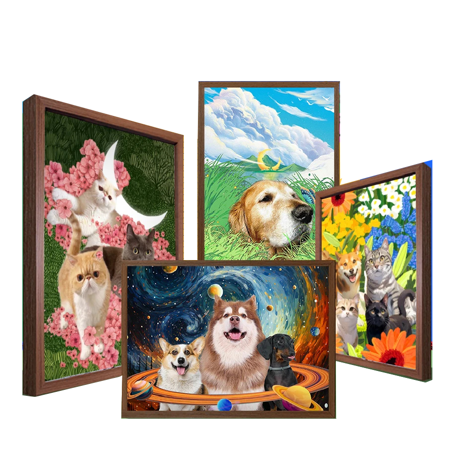 Personalized voice-controlled light pet portrait framed picture, available in A4 and 45 sizes, vertical and horizontal orientations. Perfect for dog and cat lovers, custom pet gifts, and pet memorials